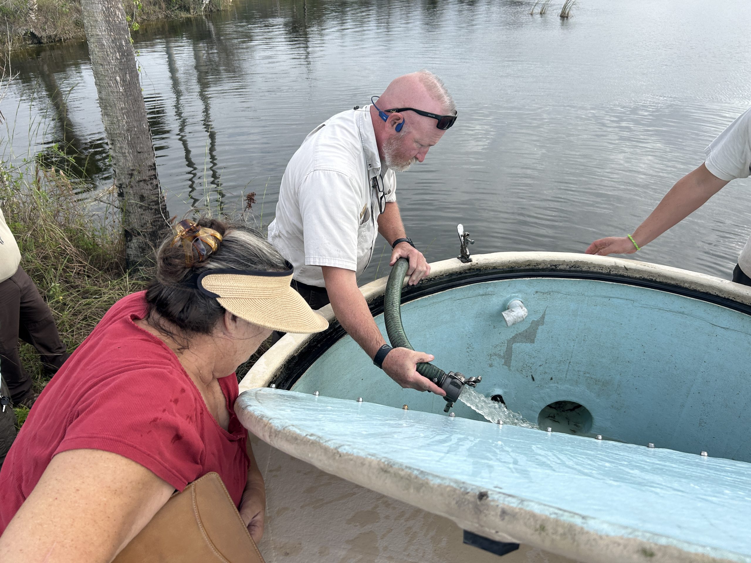 rinsing the last of the delivered fish from the tank rinsing fish from stock tank